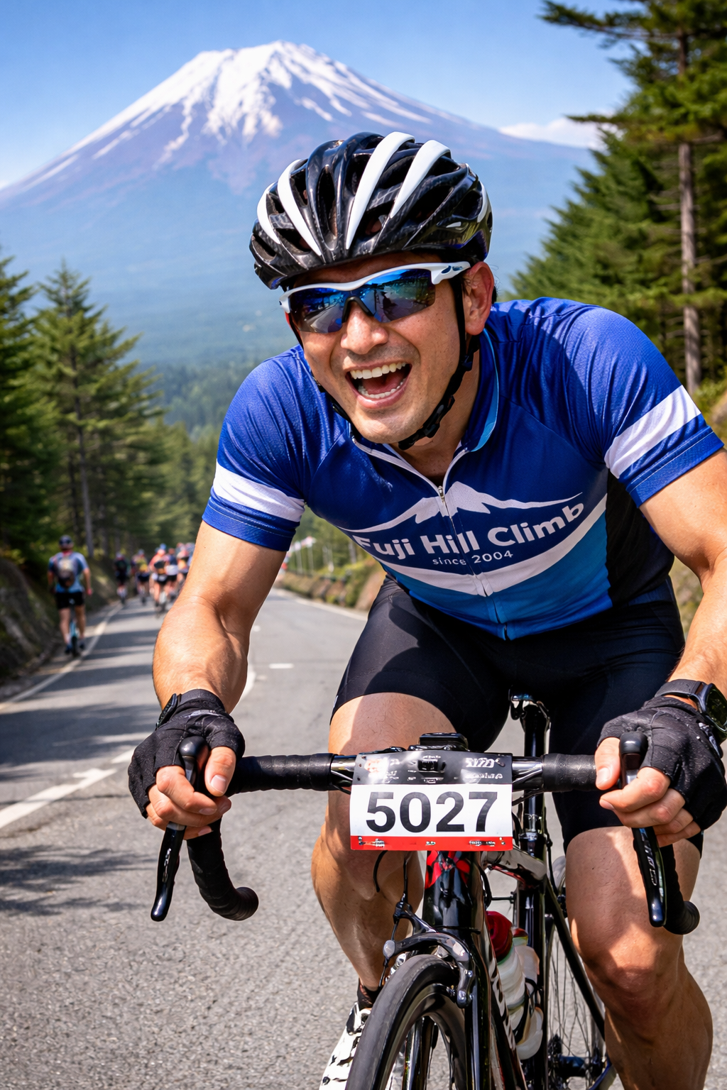 富士スバルラインを自転車で必死で上っているサイクリスト